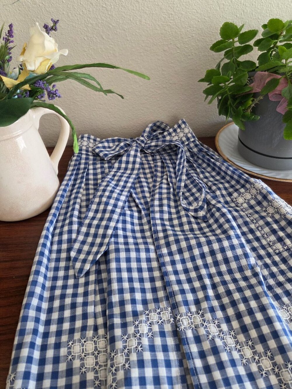 Handmade Vintage Style Embroidered Gingham Half Apron Cottagecore Farmhouse